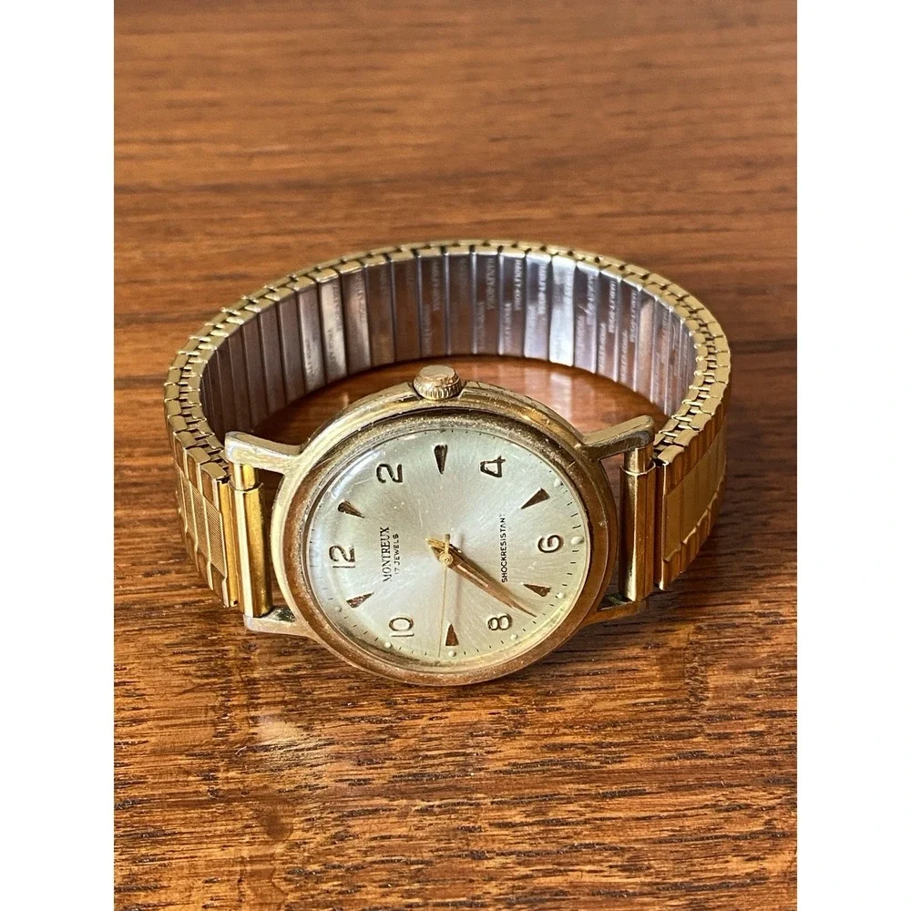 Montreux Men's Gold Tone Hadley Roma Stretch Wrist Watch 7 Jewels Manual WORKS!